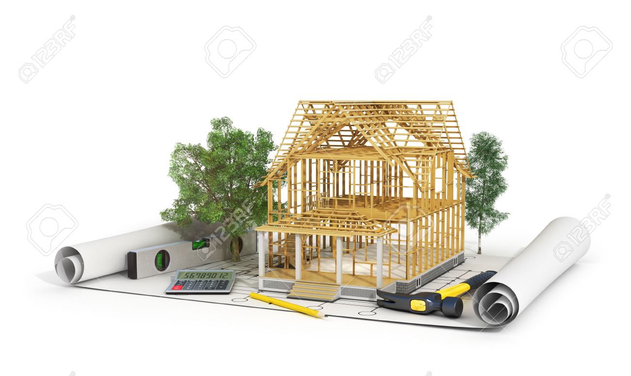 49516275 3d render of house in building process with trees calculator and pencil on the blueprint